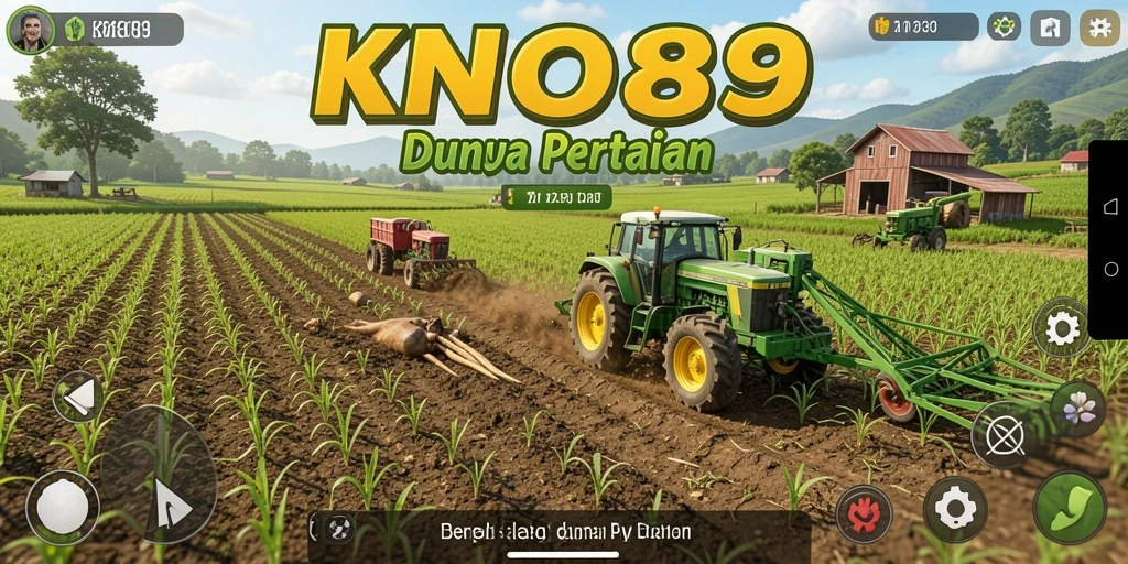 Screenshot KNO89 menampilkan petani tengah merawat tanaman di ladang.