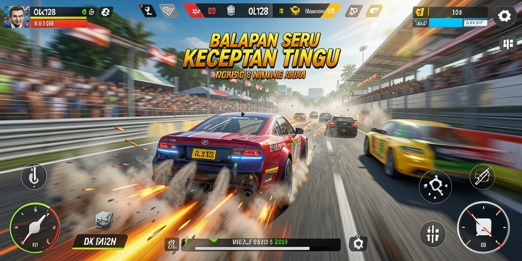Screenshot permainan OLX128 menampilkan aksi balapan yang mendebarkan.