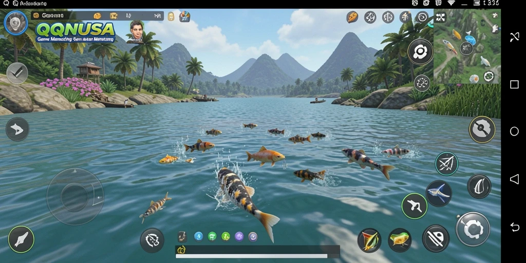Screenshot gameplay QQNUSA menampilkan aksi memancing yang seru.