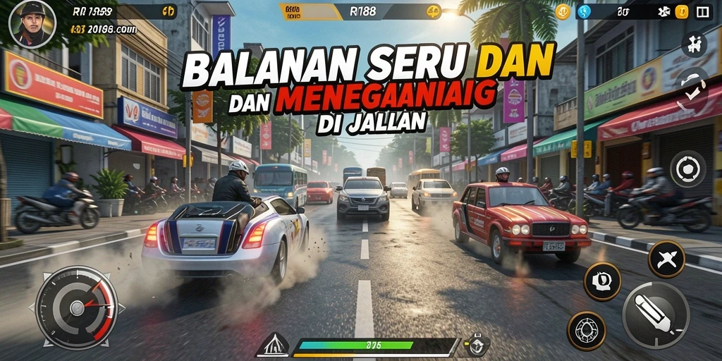 Screenshot menunjukkan aksi balapan seru dalam RI188 dengan mobil yang cepat.