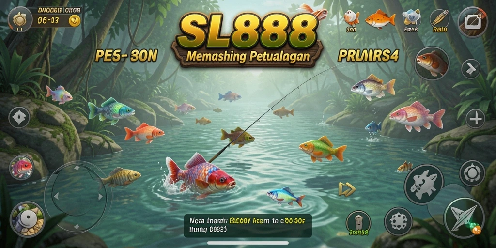 Screenshot utama SL888 menampilkan momen seru saat menangkap ikan besar.